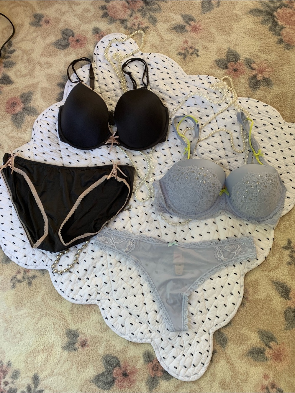 Padded Gray Bra & Bikini Set & Lavender Lace/Crystal Bra & Coordinating Thong